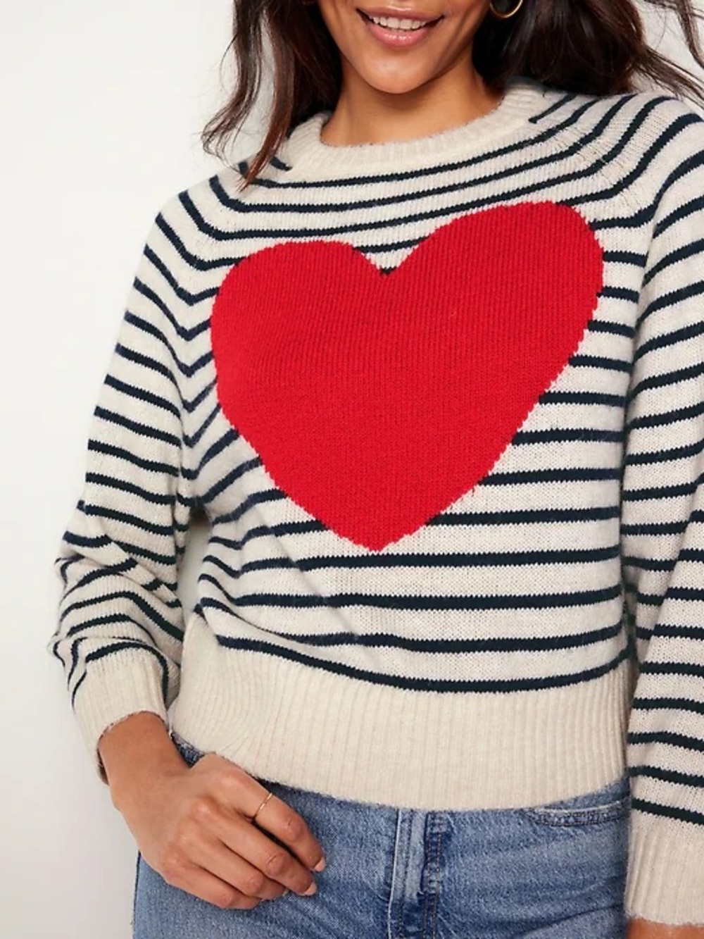 Old Navy Cream Navy Striped Sweater with Red Heart